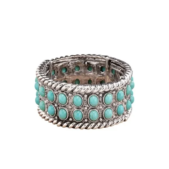 Western Bubble Pattern Turquoise and Silver Stretch Bracelet - Picture 2 of 3